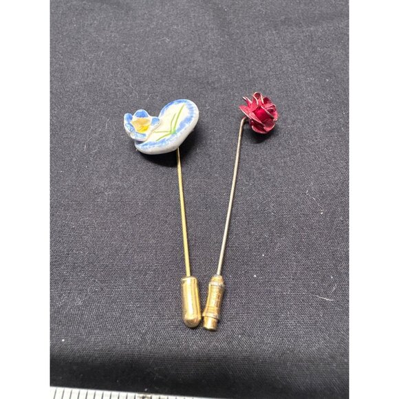 Jewelry - Vintage Artisan Enamel Flower Purple Iris Red Rose Floral Stick Pins Handcrafted